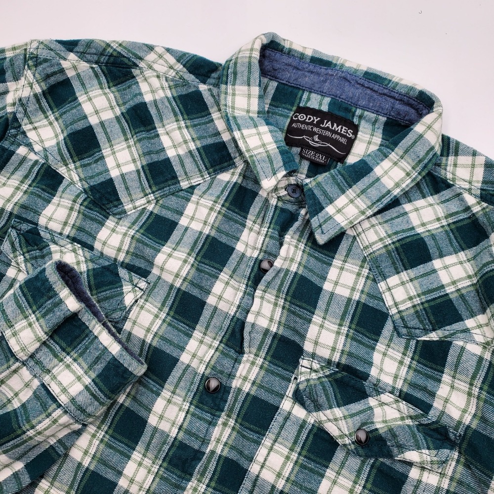 Cody James Mens 2XL Green White Plaid Flannel Snap Front Western Shirt L/S